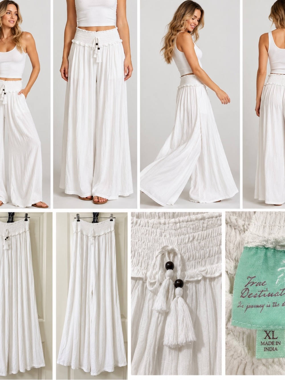 True Destinations White Wide-Leg Palazzo Pants with Smocked Waist
